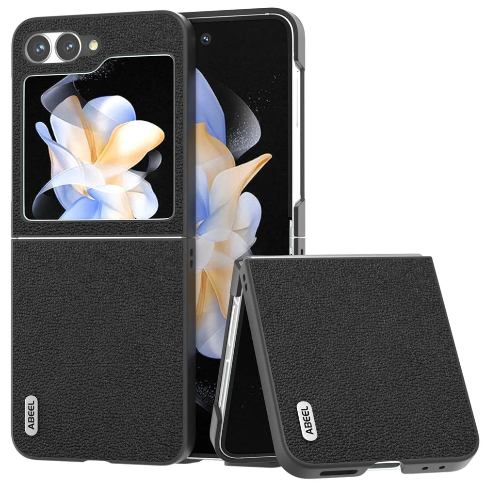 ABEEL For Samsung Galaxy Z Flip7 FE 5G / Z Flip6 5G Case Genuine Cow Leather+PC Hard Phone Cover - Black - 1