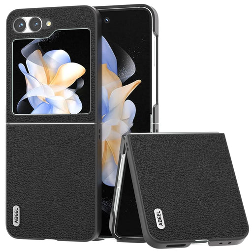 ABEEL For Samsung Galaxy Z Flip7 FE 5G / Z Flip6 5G Case Genuine Cow Leather+PC Hard Phone Cover - Black - 1