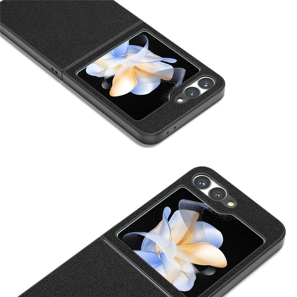 ABEEL For Samsung Galaxy Z Flip7 FE 5G / Z Flip6 5G Case Genuine Cow Leather+PC Hard Phone Cover - Black - 4