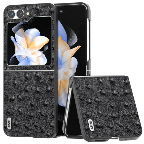 ABEEL For Samsung Galaxy Z Flip7 FE 5G / Z Flip6 5G Case Ostrich Texture Genuine Cow Leather Back Cover - Black - 1