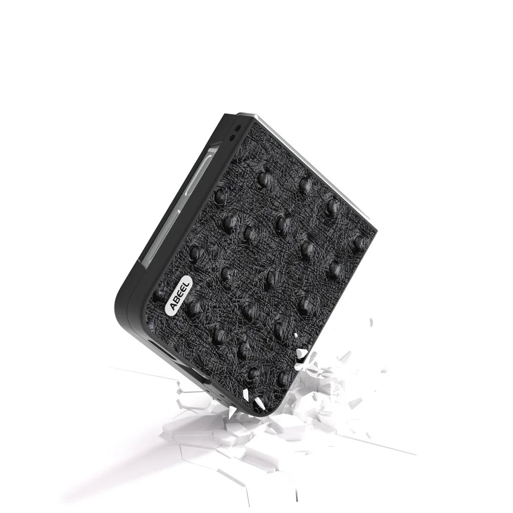 ABEEL For Samsung Galaxy Z Flip7 FE 5G / Z Flip6 5G Case Ostrich Texture Genuine Cow Leather Back Cover - Black - 3