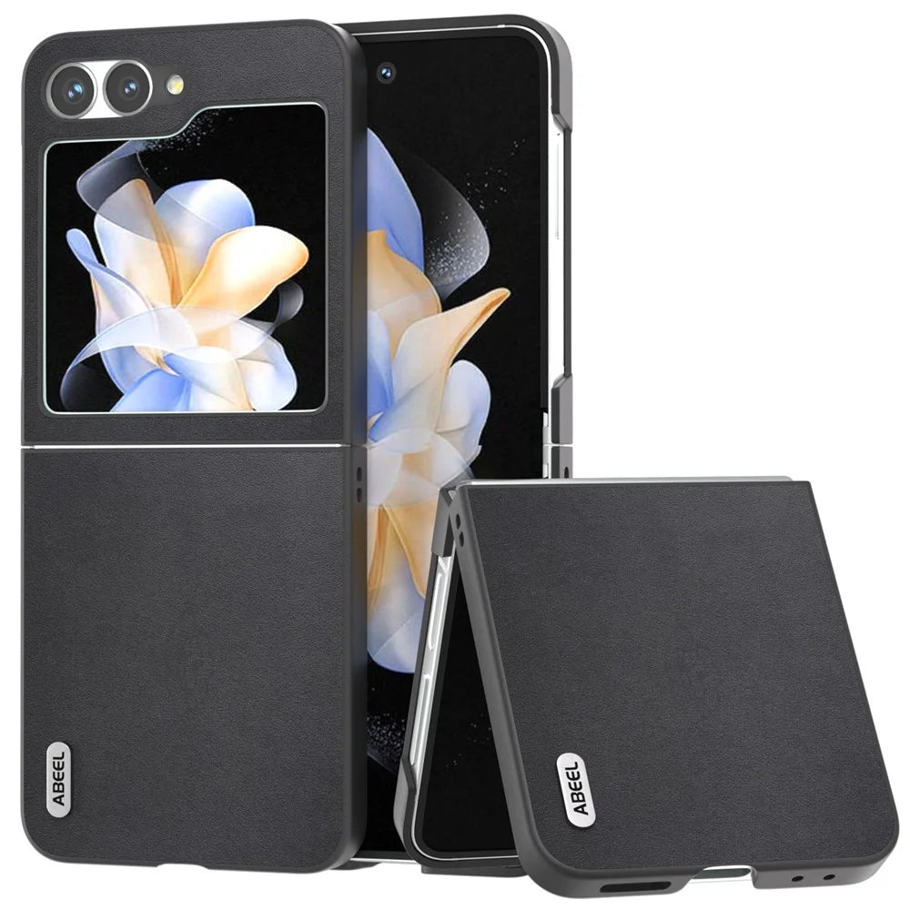 ABEEL For Samsung Galaxy Z Flip7 FE 5G / Z Flip6 5G Case Genuine Cow Leather Coated PC Folding Phone Cover - Black - 1