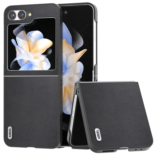 ABEEL For Samsung Galaxy Z Flip7 FE 5G / Z Flip6 5G Case Genuine Cow Leather Coated PC Folding Phone Cover - Black - 1