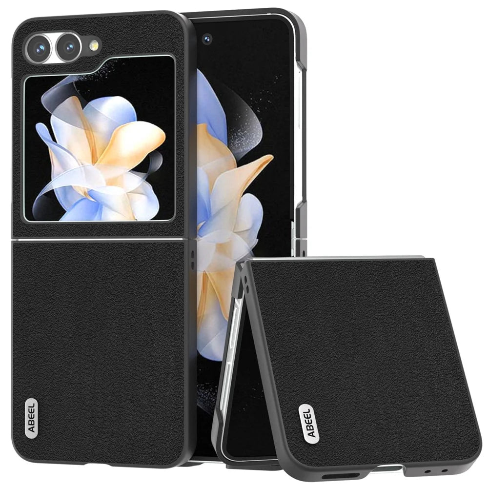 ABEEL For Samsung Galaxy Z Flip7 FE 5G / Z Flip6 5G Case Genuine Cow Leather Coated PC Folding Phone Cover - Black - 1