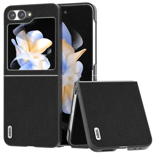 ABEEL For Samsung Galaxy Z Flip7 FE 5G / Z Flip6 5G Case Genuine Cow Leather Coated PC Folding Phone Cover - Black - 1