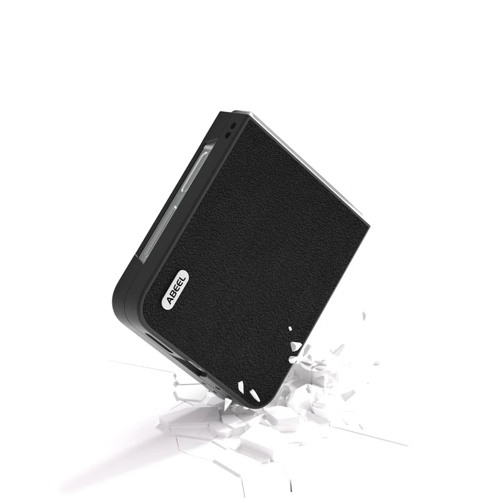 ABEEL For Samsung Galaxy Z Flip7 FE 5G / Z Flip6 5G Case Genuine Cow Leather Coated PC Folding Phone Cover - Black - 3