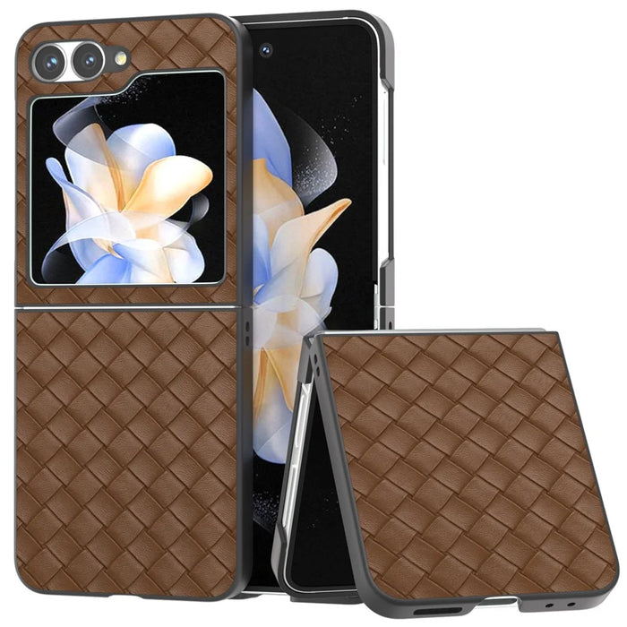 For Samsung Galaxy Z Flip7 FE 5G / Z Flip6 5G Case Woven Texture Leather+PC Protective Phone Cover - Brown - 1