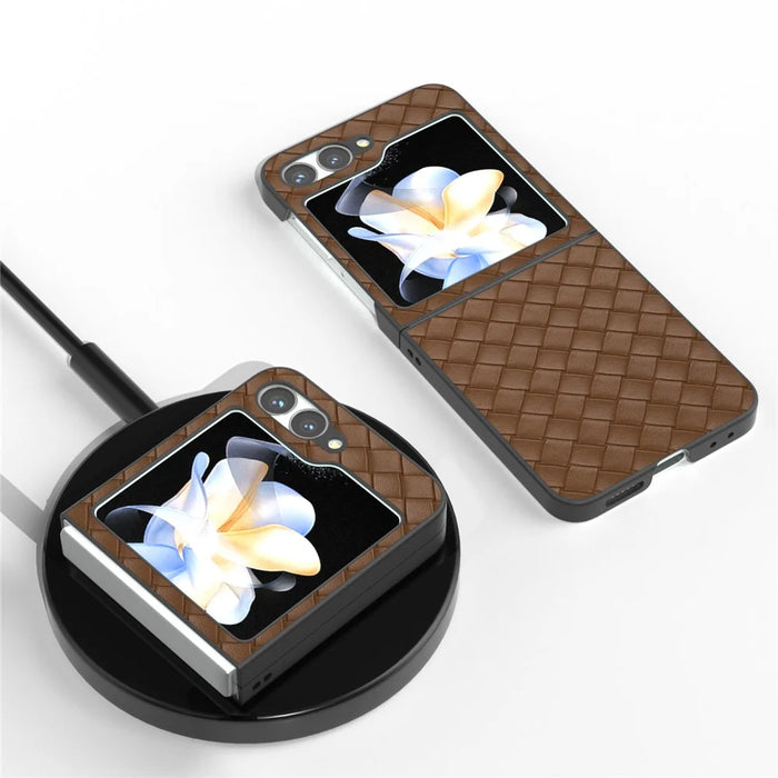For Samsung Galaxy Z Flip7 FE 5G / Z Flip6 5G Case Woven Texture Leather+PC Protective Phone Cover - Brown - 2