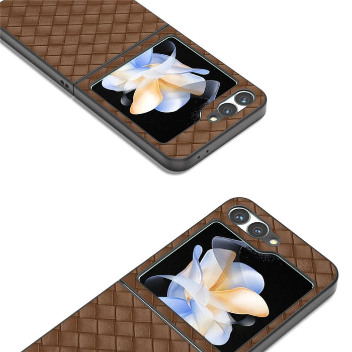 For Samsung Galaxy Z Flip7 FE 5G / Z Flip6 5G Case Woven Texture Leather+PC Protective Phone Cover - Brown - 4