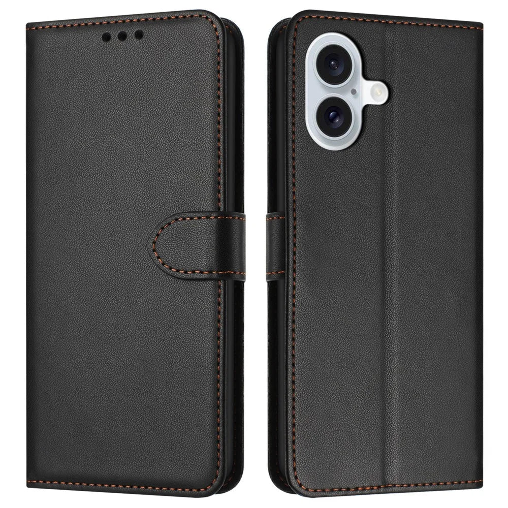 For iPhone 16 Wallet Phone Case Leather Stand Cover with Strap - Black - 1