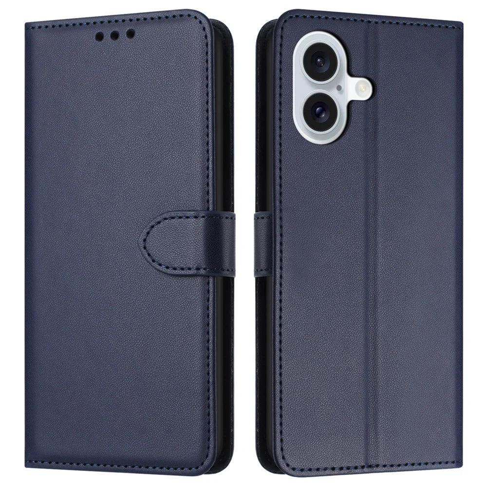 For iPhone 16 Plus Wallet Phone Case Leather Stand Cover with Strap - Blue - 1