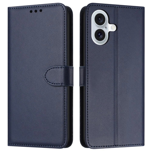 For iPhone 16 Plus Wallet Phone Case Leather Stand Cover with Strap - Blue - 1