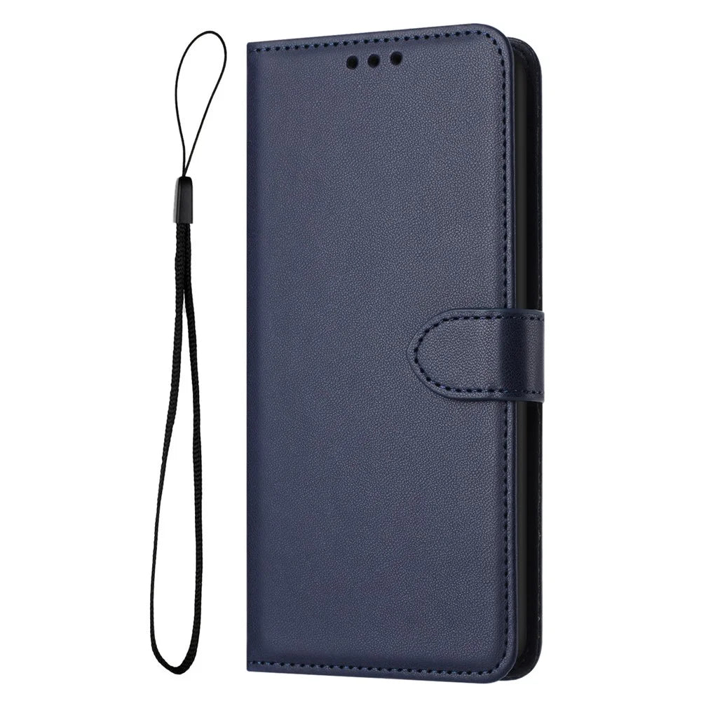 For iPhone 16 Plus Wallet Phone Case Leather Stand Cover with Strap - Blue - 7