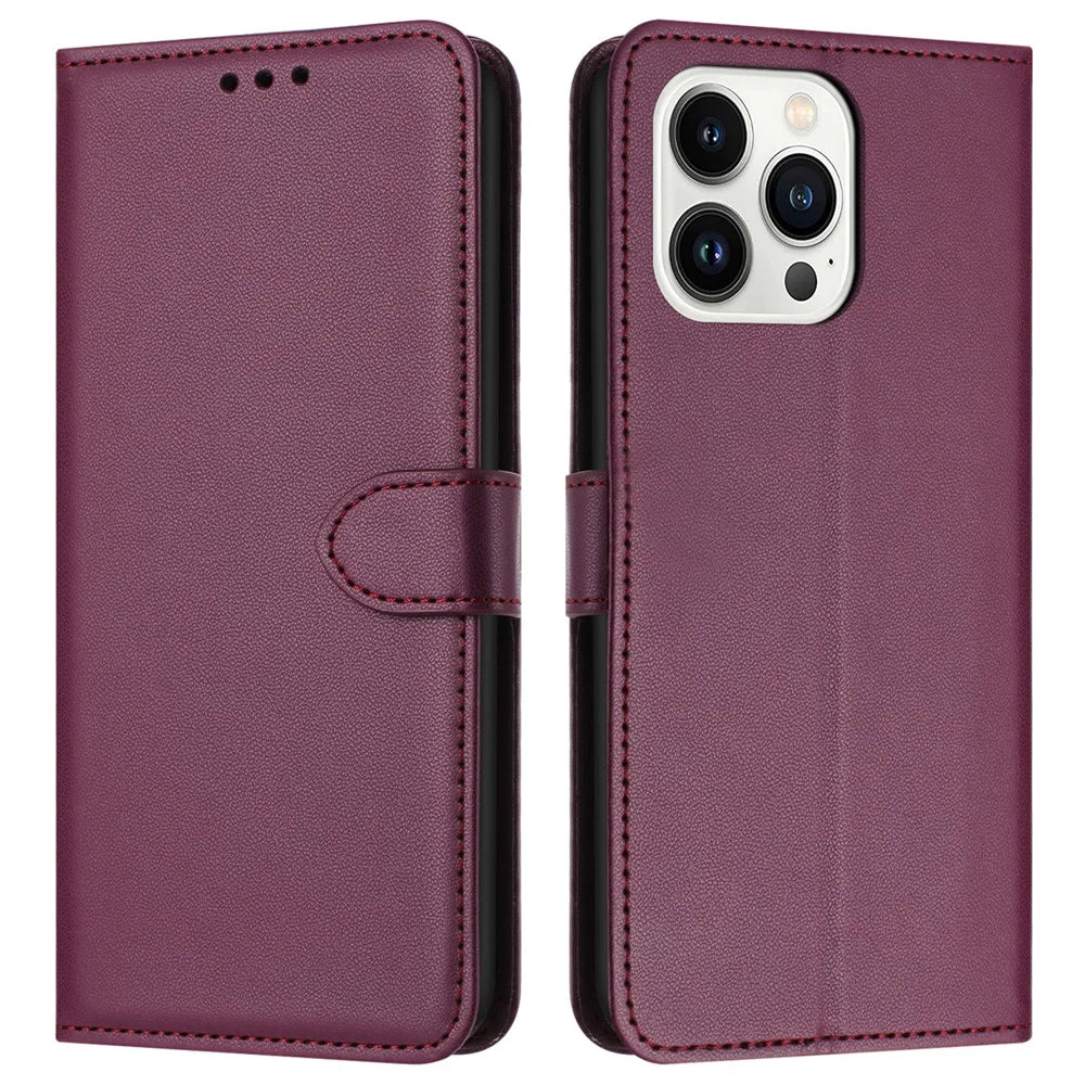 For iPhone 16 Pro Wallet Phone Case Leather Stand Cover with Strap - Purple - 1