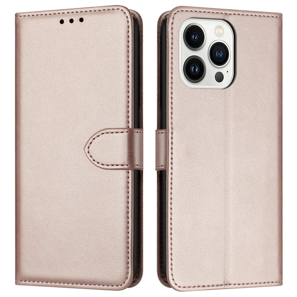 For iPhone 16 Pro Max Wallet Phone Case Leather Stand Cover with Strap - Rose Gold - 1