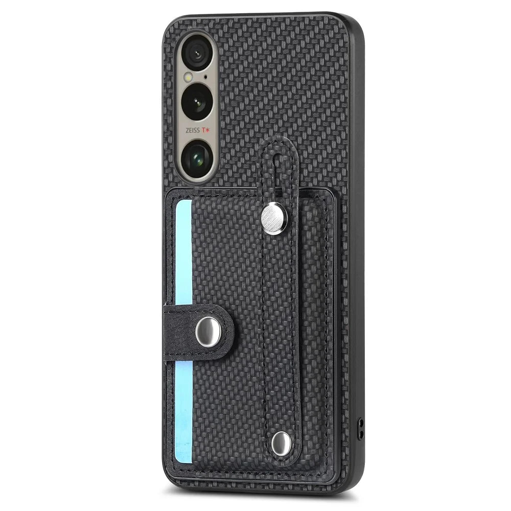 For Sony Xperia 1 VI Case Card Slot Carbon Fiber Texture Leather+PC+TPU Phone Cover - Black - 1