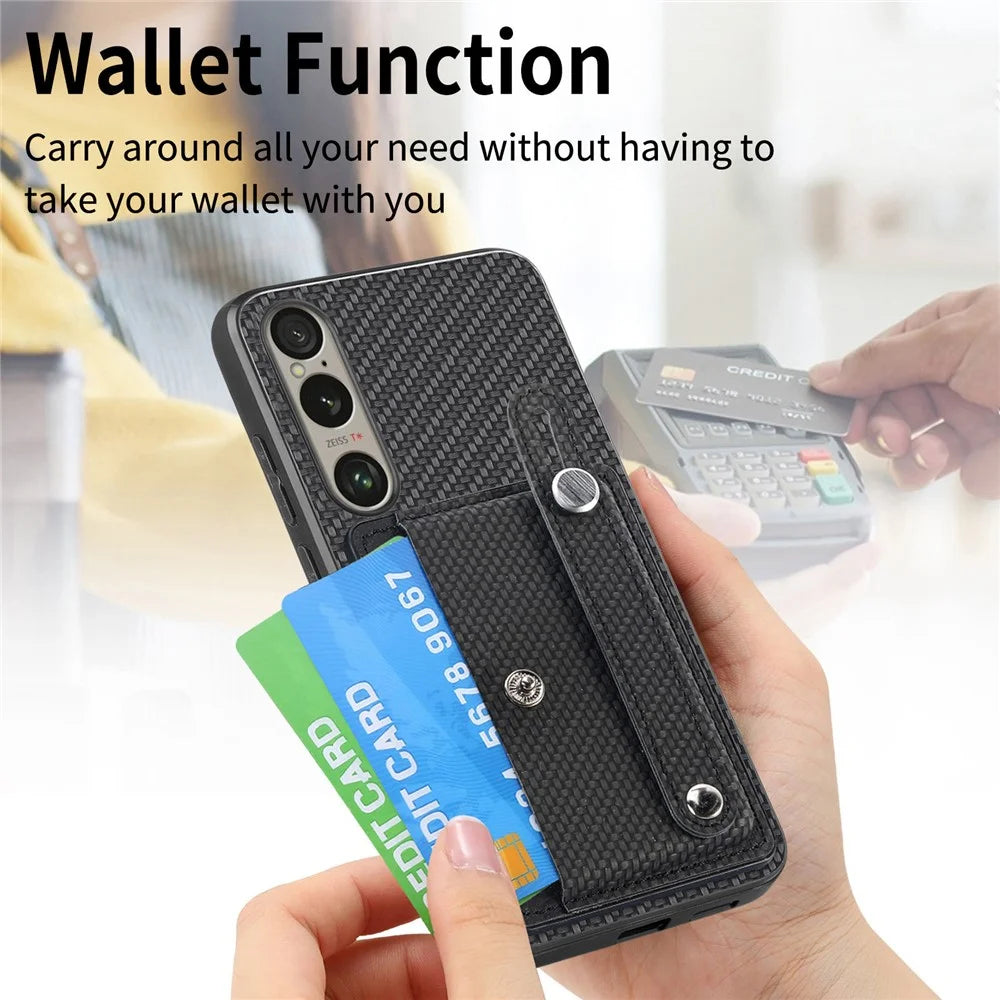 For Sony Xperia 1 VI Case Card Slot Carbon Fiber Texture Leather+PC+TPU Phone Cover - Black - 2