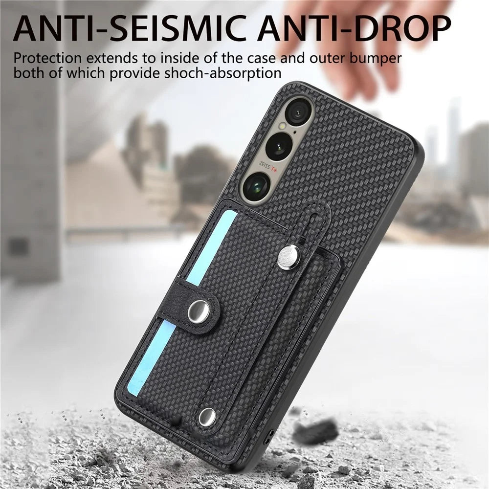 For Sony Xperia 1 VI Case Card Slot Carbon Fiber Texture Leather+PC+TPU Phone Cover - Black - 3