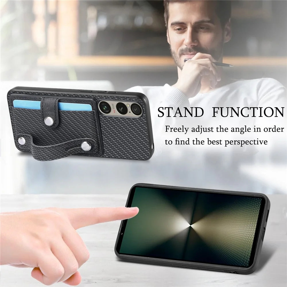 For Sony Xperia 1 VI Case Card Slot Carbon Fiber Texture Leather+PC+TPU Phone Cover - Black - 4