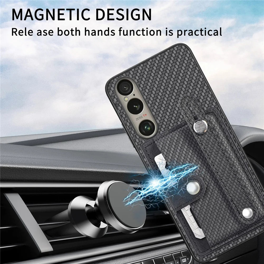 For Sony Xperia 1 VI Case Card Slot Carbon Fiber Texture Leather+PC+TPU Phone Cover - Black - 5