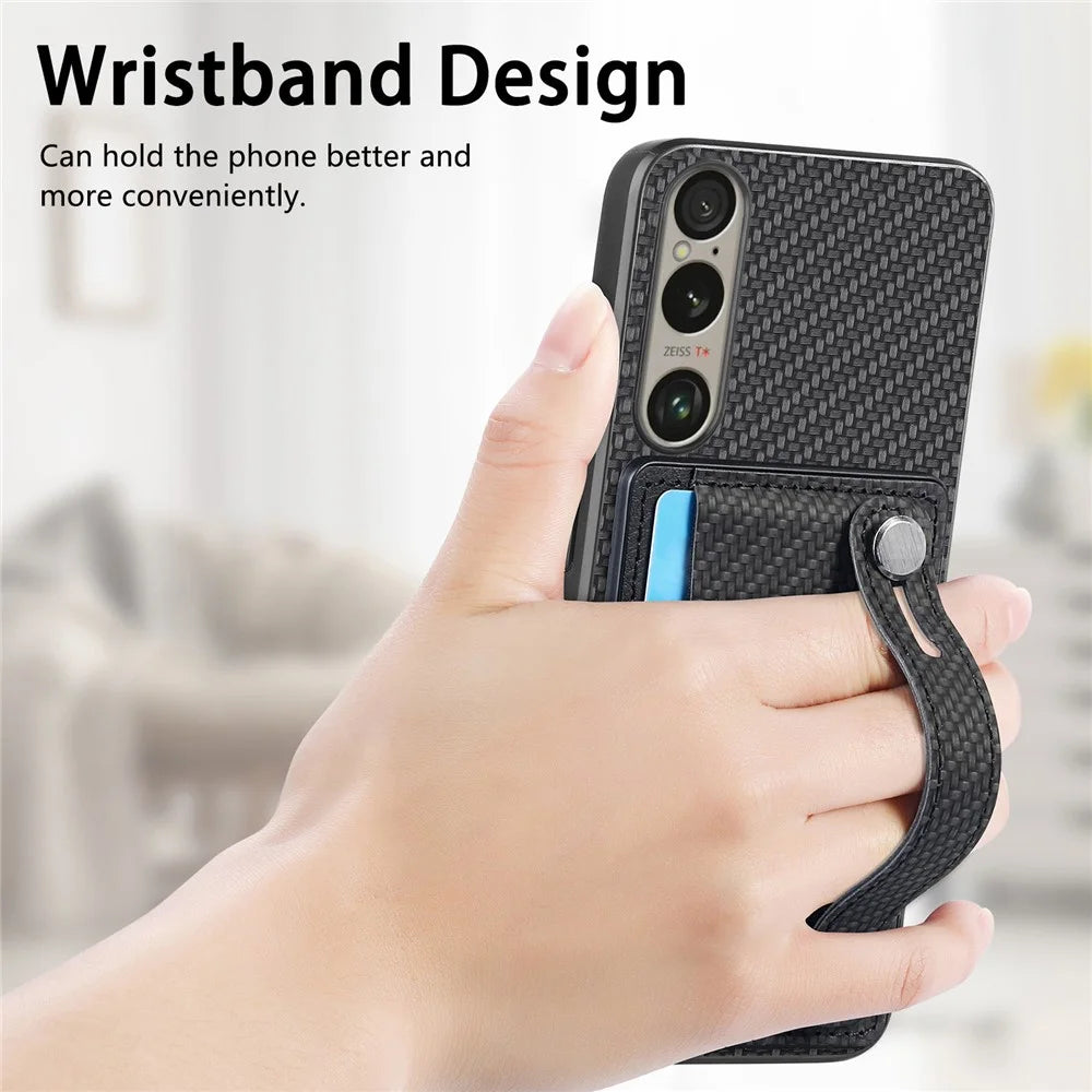 For Sony Xperia 1 VI Case Card Slot Carbon Fiber Texture Leather+PC+TPU Phone Cover - Black - 6