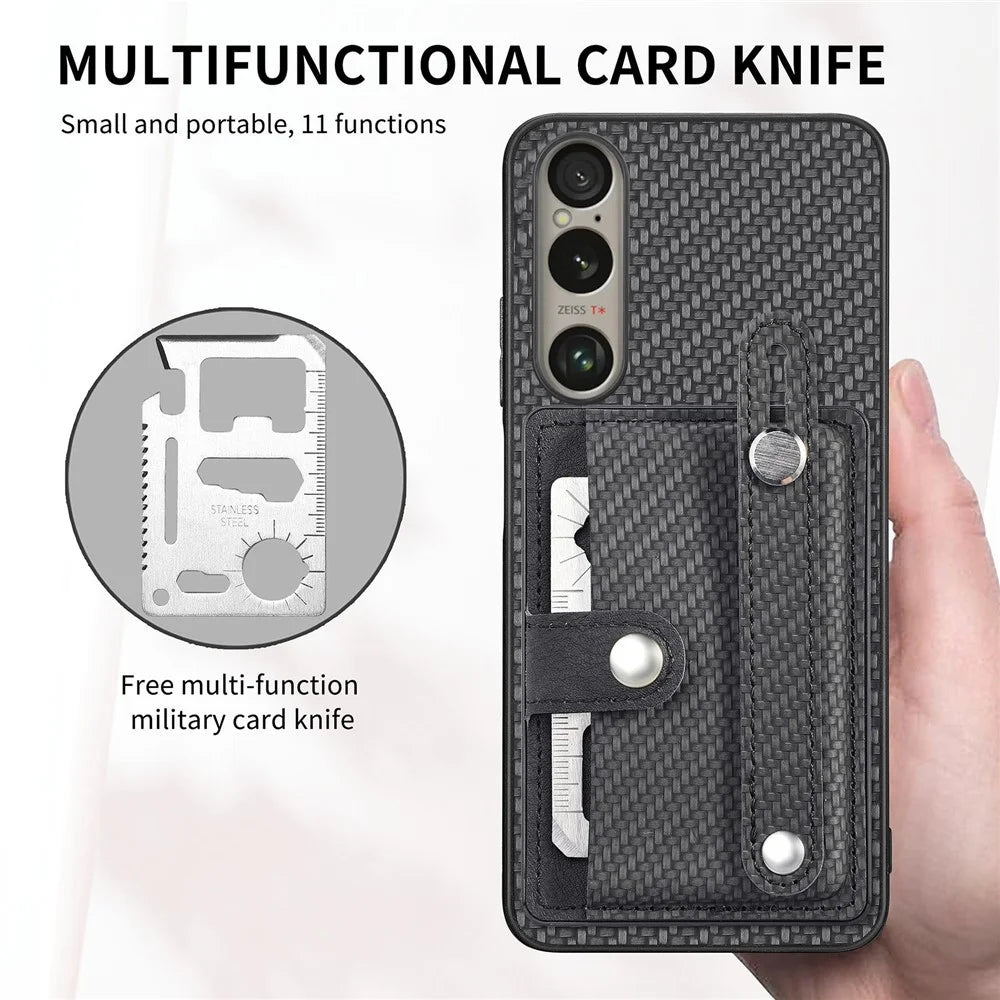 For Sony Xperia 1 VI Case Card Slot Carbon Fiber Texture Leather+PC+TPU Phone Cover - Black - 7