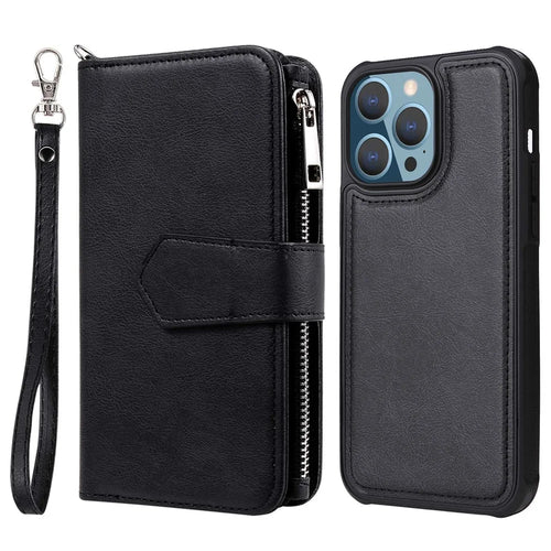 For iPhone 14 Pro Max Magnetic Leather Case Mobile Cover with Detachable Zipper Wallet Strap - Black - 1