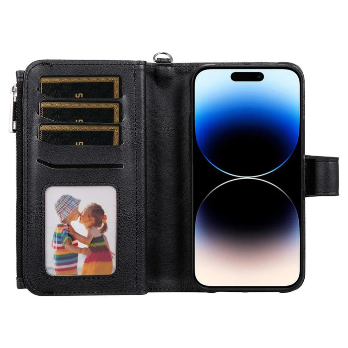 For iPhone 14 Pro Max Magnetic Leather Case Mobile Cover with Detachable Zipper Wallet Strap - Black - 2