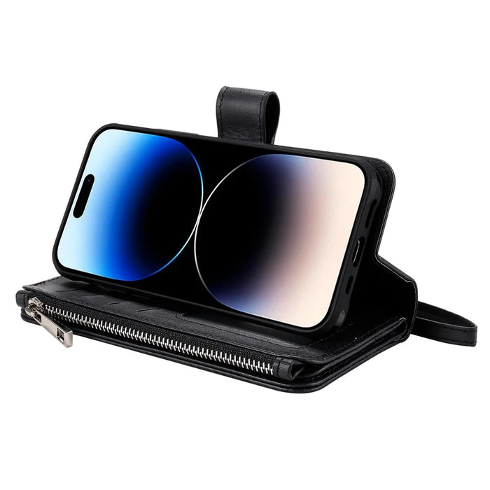 For iPhone 14 Pro Max Magnetic Leather Case Mobile Cover with Detachable Zipper Wallet Strap - Black - 3