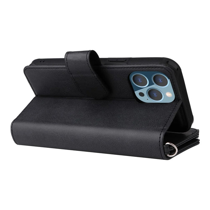 For iPhone 14 Pro Max Magnetic Leather Case Mobile Cover with Detachable Zipper Wallet Strap - Black - 4