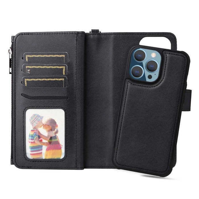 For iPhone 14 Pro Max Magnetic Leather Case Mobile Cover with Detachable Zipper Wallet Strap - Black - 6