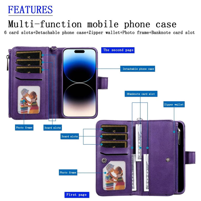 For iPhone 14 Pro Max Magnetic Leather Case Mobile Cover with Detachable Zipper Wallet Strap - Black - 7