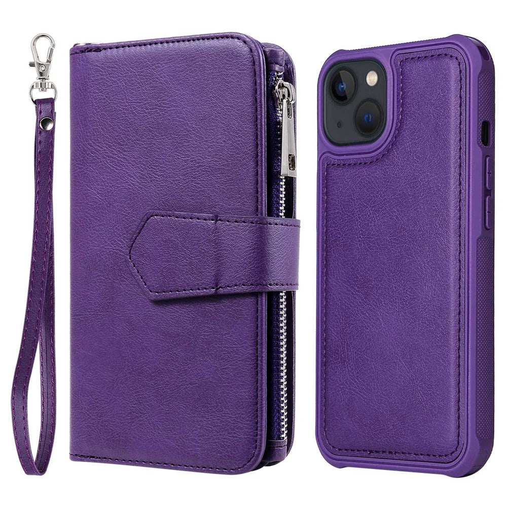 For iPhone 14 Magnetic Leather Case Mobile Cover with Detachable Zipper Wallet Strap - Purple - 1