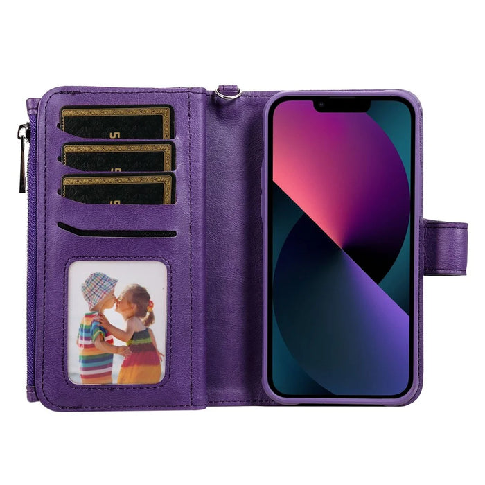 For iPhone 14 Magnetic Leather Case Mobile Cover with Detachable Zipper Wallet Strap - Purple - 2