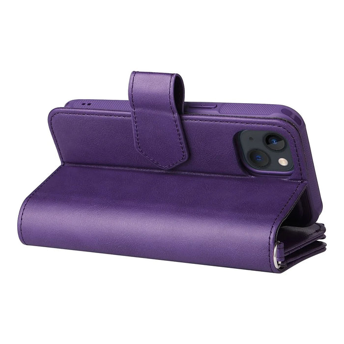 For iPhone 14 Magnetic Leather Case Mobile Cover with Detachable Zipper Wallet Strap - Purple - 4