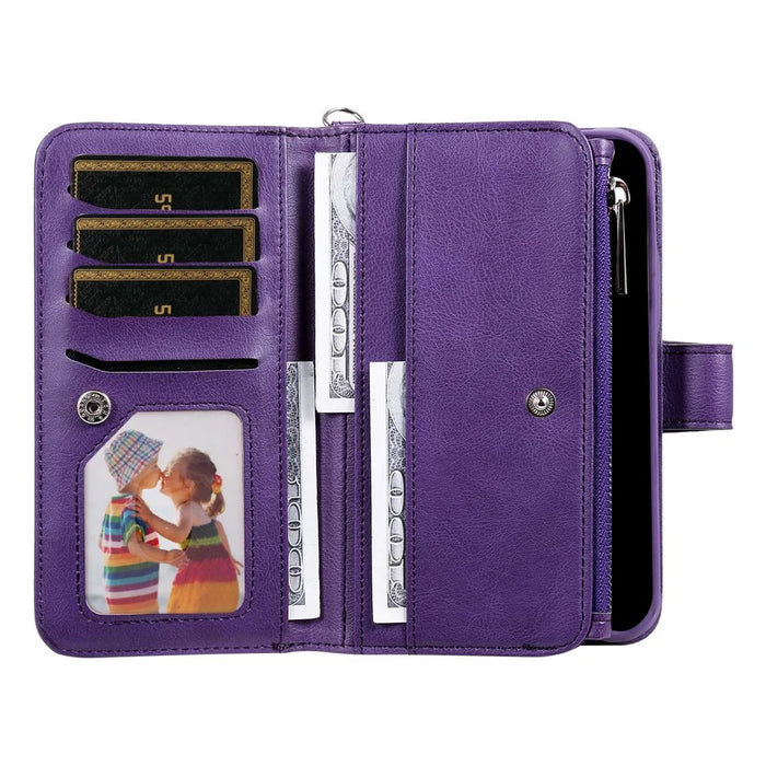 For iPhone 14 Magnetic Leather Case Mobile Cover with Detachable Zipper Wallet Strap - Purple - 5
