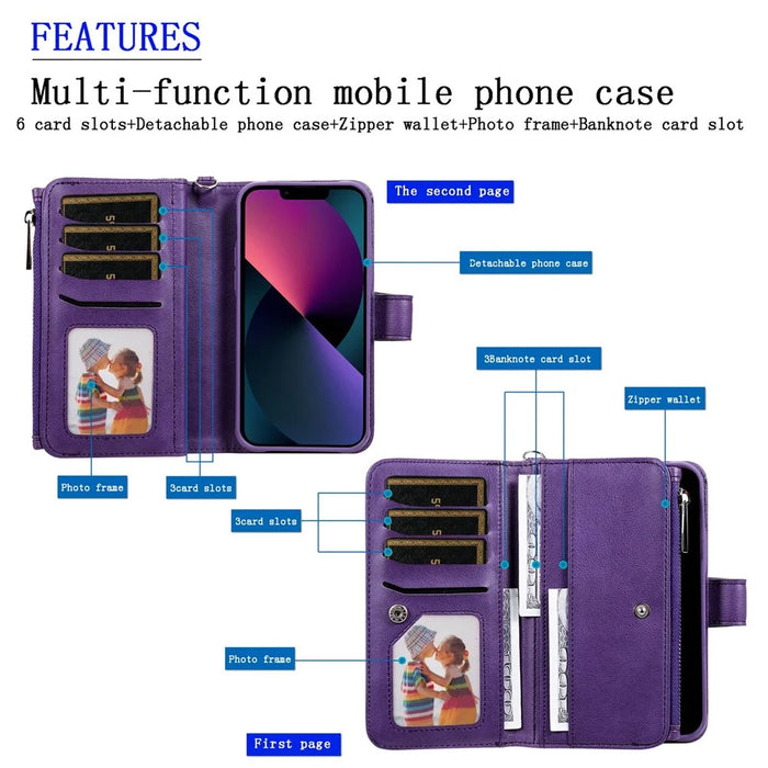 For iPhone 14 Magnetic Leather Case Mobile Cover with Detachable Zipper Wallet Strap - Purple - 7
