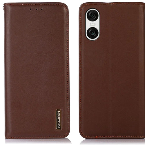 KHAZNEH For Sony Xperia 10 VI Wallet Case Genuine Cow Leather Flip Phone Cover - Brown - 1