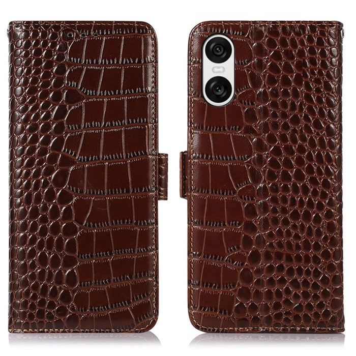 For Sony Xperia 10 VI Case Crocodile Texture Genuine Cow Leather Phone Wallet Cover - Brown - 1