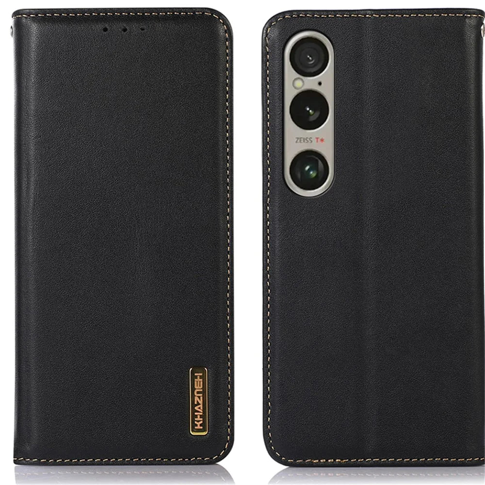 KHAZNEH For Sony Xperia 1 VI Case Genuine Cow Leather Wallet Phone Cover Nappa Texture - Black - 1