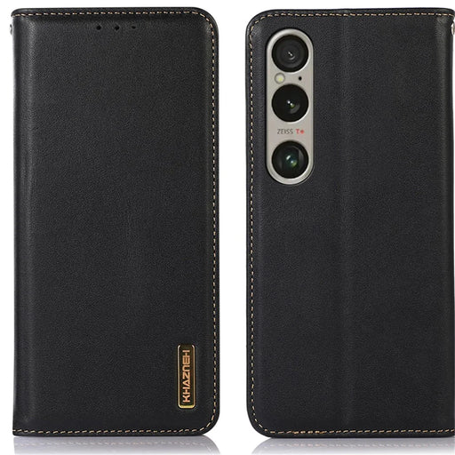 KHAZNEH For Sony Xperia 1 VI Case Genuine Cow Leather Wallet Phone Cover Nappa Texture - Black - 1