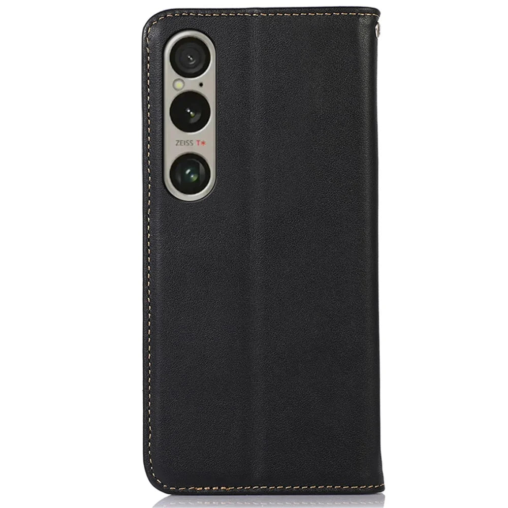 KHAZNEH For Sony Xperia 1 VI Case Genuine Cow Leather Wallet Phone Cover Nappa Texture - Black - 7