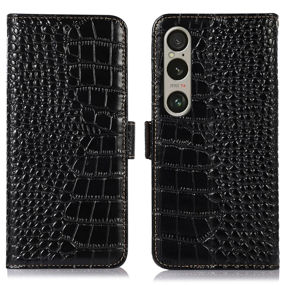 For Sony Xperia 1 VI Case Genuine Cow Leather Phone Cover with RFID Blocking Wallet - Black - 1