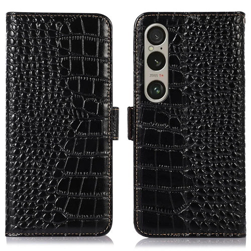 For Sony Xperia 1 VI Case Genuine Cow Leather Phone Cover with RFID Blocking Wallet - Black - 1