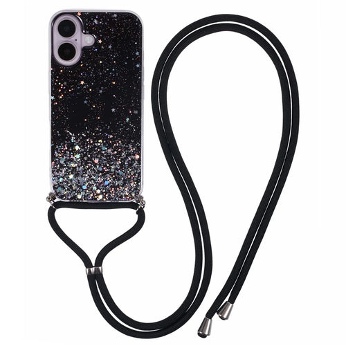 AW Series For iPhone 16 Case Cute Bling TPU Epoxy Phone Cover with Lanyard - Black - 1