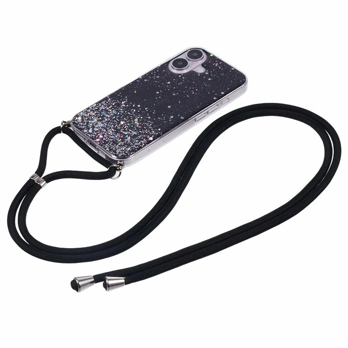 AW Series For iPhone 16 Case Cute Bling TPU Epoxy Phone Cover with Lanyard - Black - 2
