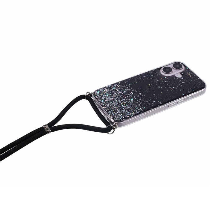 AW Series For iPhone 16 Case Cute Bling TPU Epoxy Phone Cover with Lanyard - Black - 4