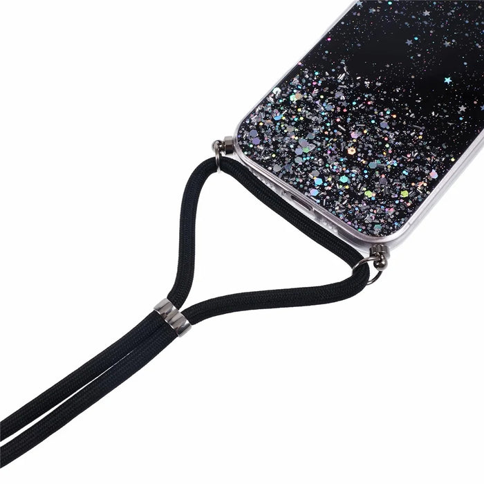 AW Series For iPhone 16 Case Cute Bling TPU Epoxy Phone Cover with Lanyard - Black - 5