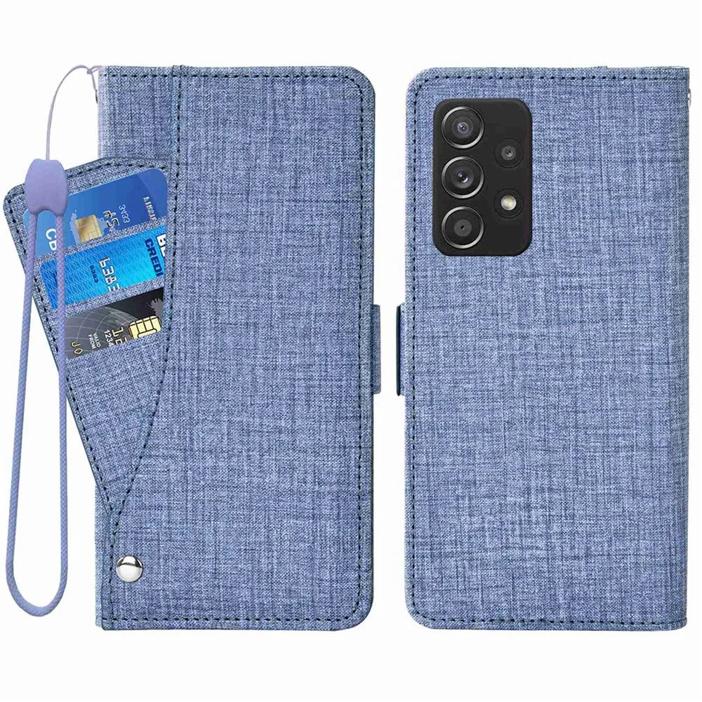 For Samsung Galaxy A53 5G Jean Cloth Texture Phone Cover PU Leather Wallet Stand Rotating Card Slot Folio Flip Case - Blue - 1