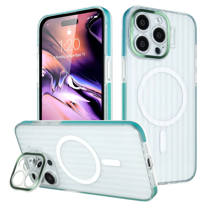 For iPhone 15 Pro Max Magnetic Case Strip Pattern PC+TPU Phone Cover Lens Cap Kickstand - Blue - 1